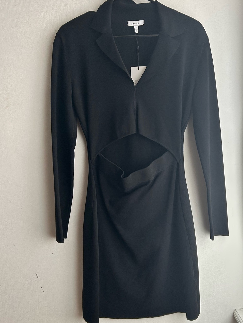 Reiss Black Long-Sleeve Cutout Collared Dress